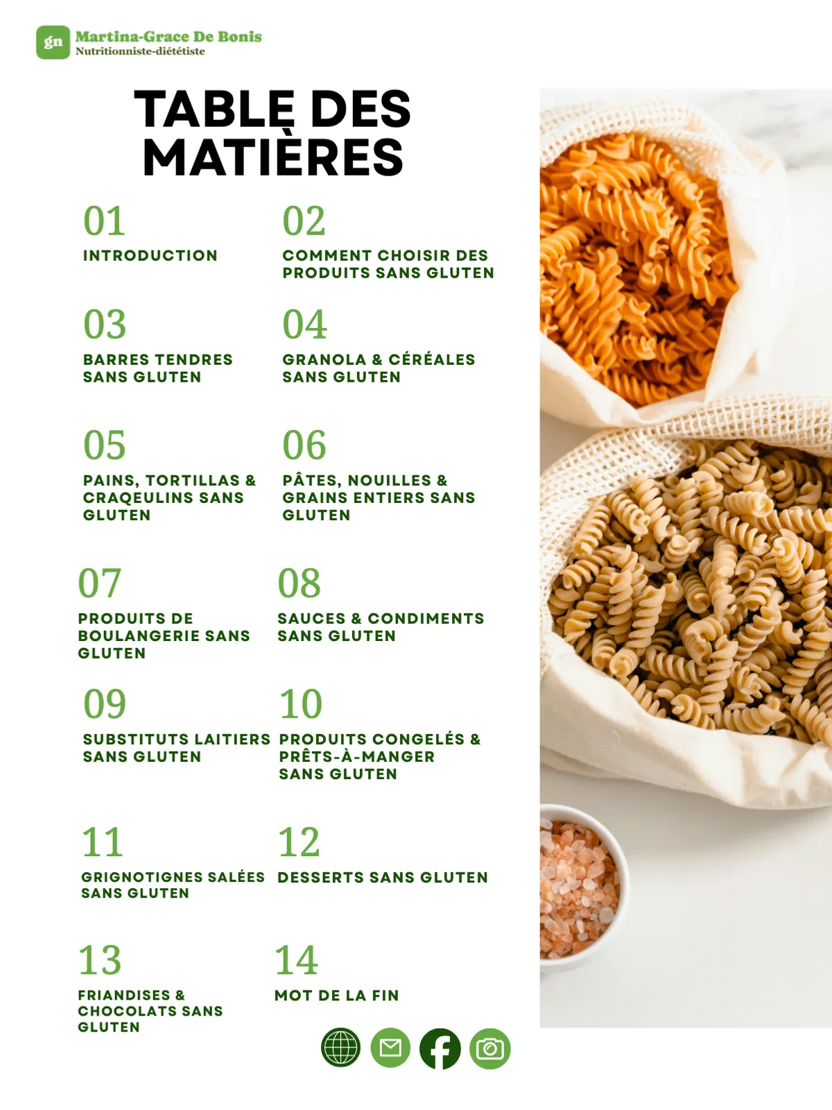 Guide table of contents: 14 sections, from granola bars to gluten-free treats
