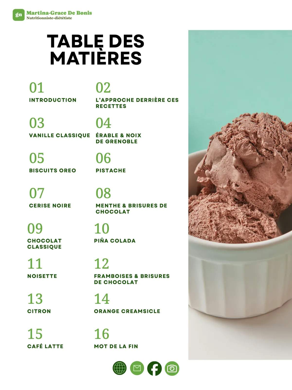 Table des matières : les 13 saveurs, de la vanille classique au café latte