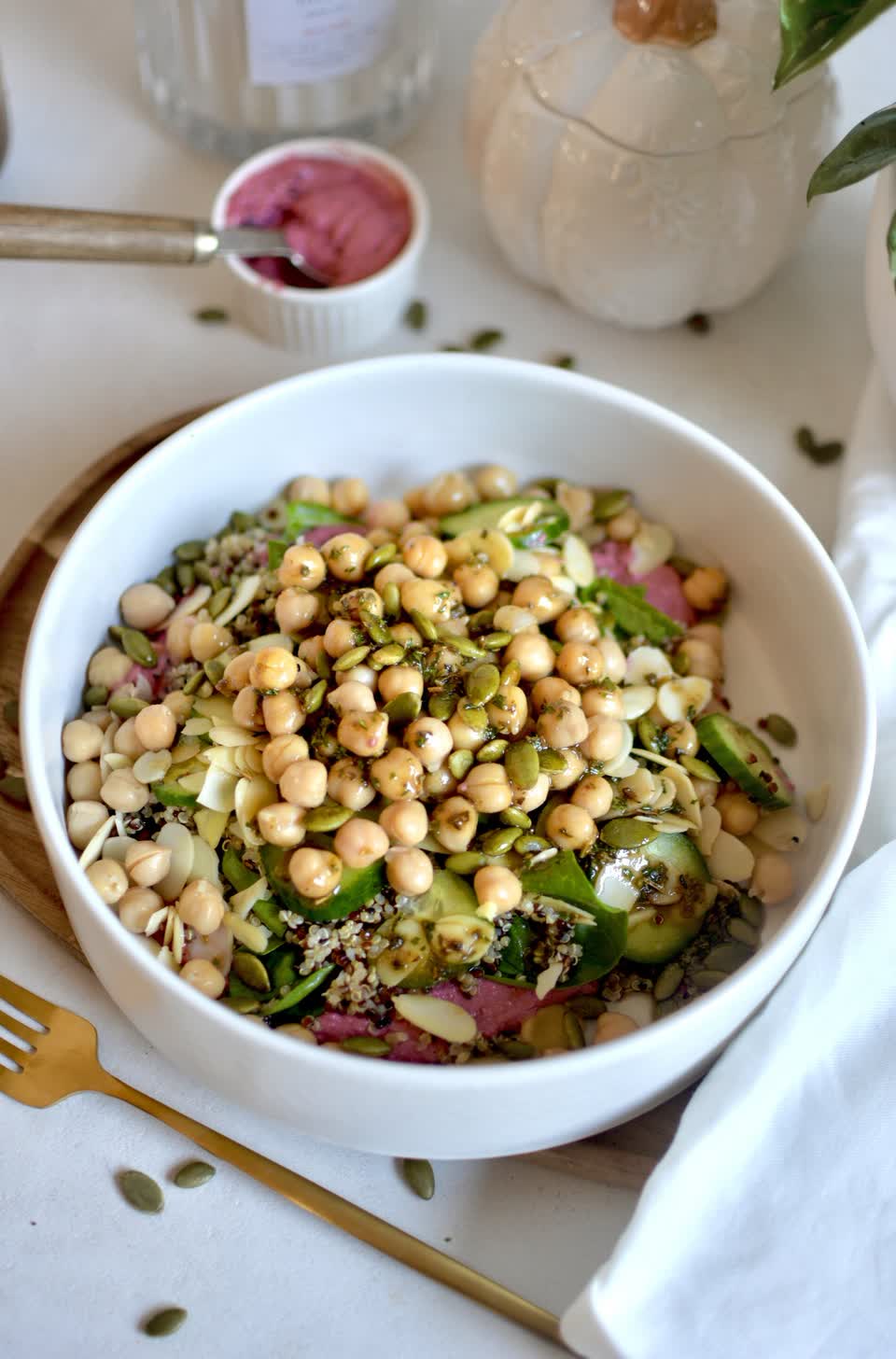 Quinoa Bowl with Chickpeas and Beet Hummus