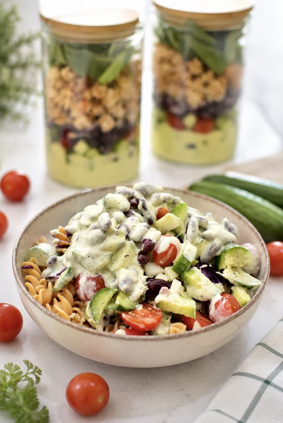 High-Protein Chickpea Pasta Salad with Avocado Dressing
