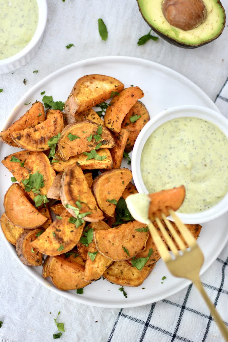 Roasted Sweet Potatoes with Avocado Dip