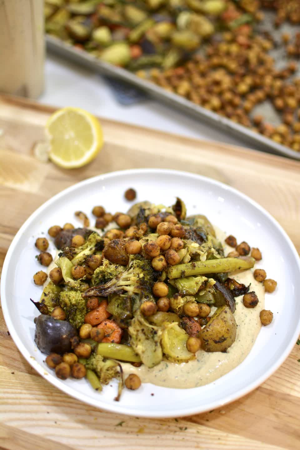 Roasted Chickpeas and Vegetables over Za'atar Tofu Spread