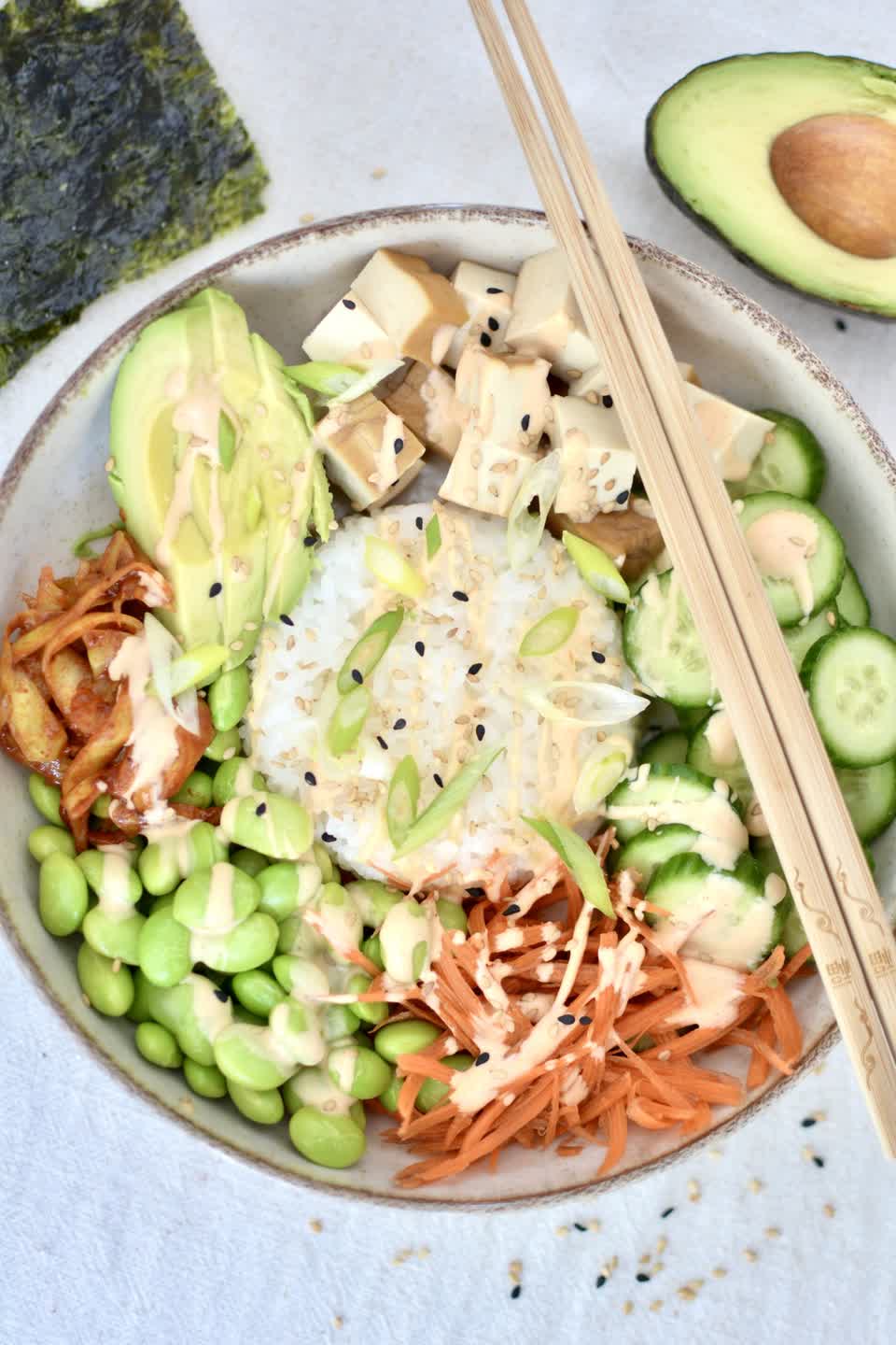 Colourful Smoked Tofu, Edamame, and Kimchi Poke Bowl