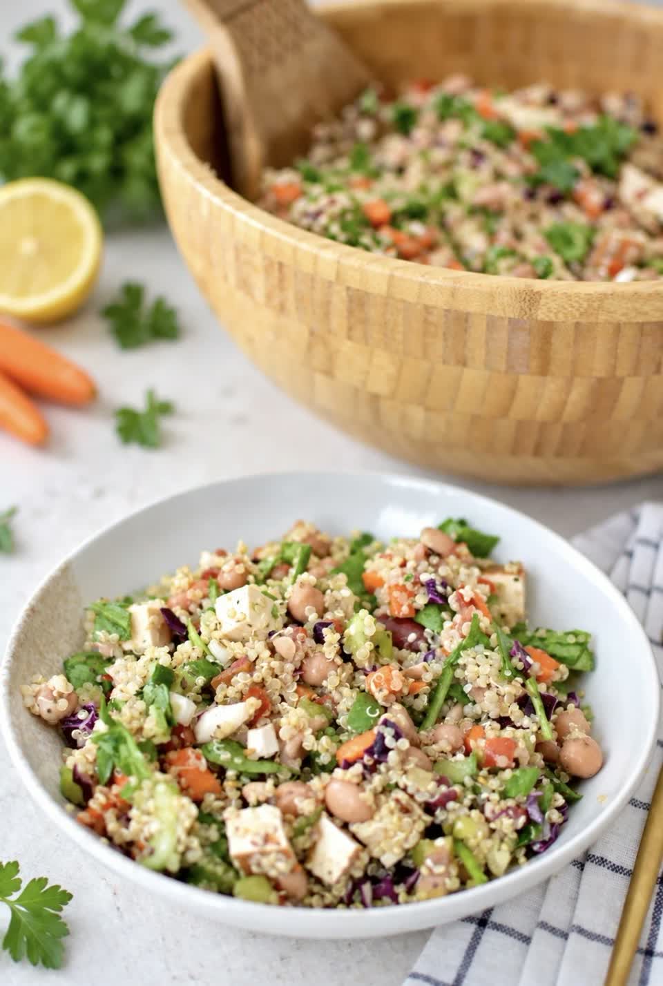 Quinoa Salad with Legumes, Olives and Smoked Tofu