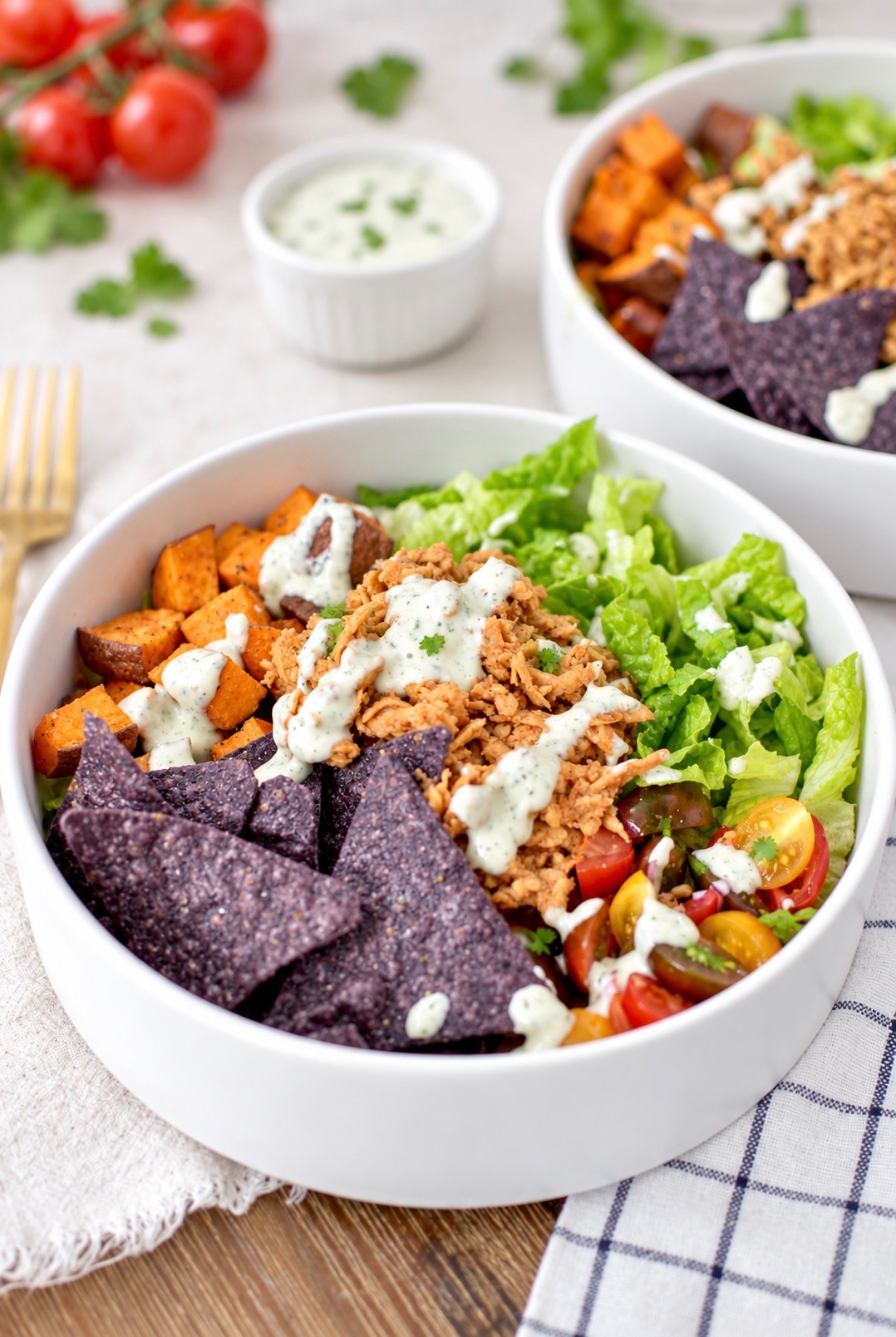 BBQ Tempeh Bowl with Roasted Sweet Potato and Ranch Sauce