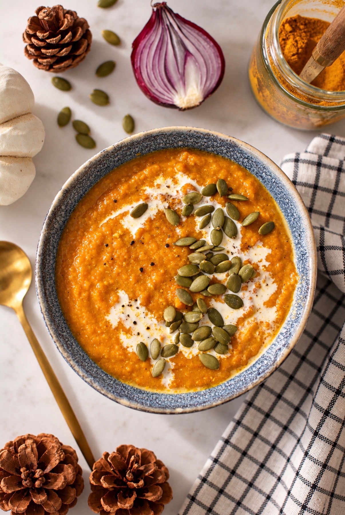 Potage curry à la citrouille et lentilles rouges